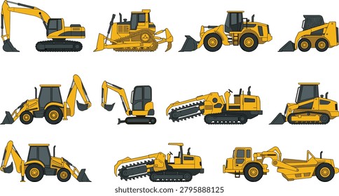 Construction heavy machinery equipment set including excavator bulldozer wheel loader backhoe and trenching machine vector illustrations.
