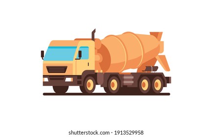 construction heavy machinery equipment yellow concrete mixer flat vector object illustration isolated on white background