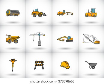 Construction or heavy machinery icon set. Hand-drawn collection of cartoon icons - machines, crane, bulldozer, fence, helmet, wheelbarrow, jackhammer . Doodle drawing. Vector illustration