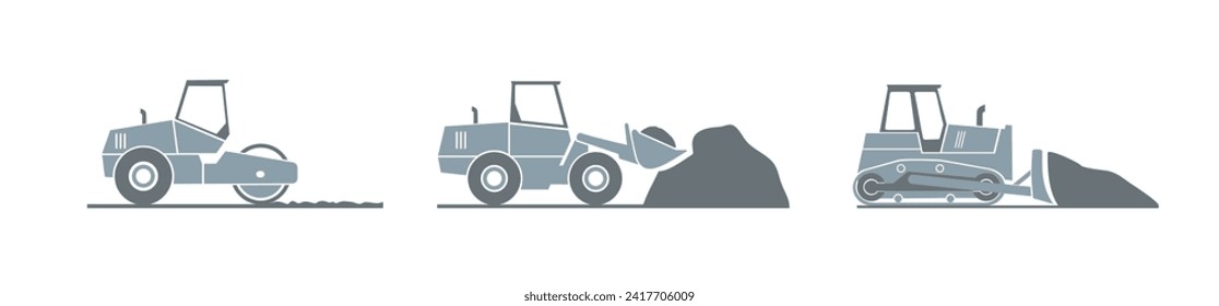 Equipo aislado de maquinaria pesada de construcción. Equipo especial para obras de construcción. Excavadora, tractor, topadora, asfalto de carretera, nivelador de carreteras. Vehículos comerciales. Ilustración vectorial plana. Icono