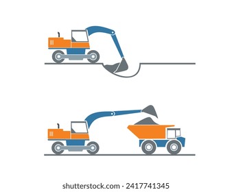 Equipo aislado de maquinaria pesada de construcción. Equipo especial para obras de construcción. Excavadora, tractor, topadora, asfalto de carretera, nivelador de carreteras. Vehículos comerciales. Ilustración vectorial plana. Icono