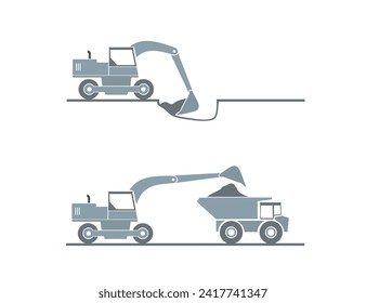 Equipo aislado de maquinaria pesada de construcción. Equipo especial para obras de construcción. Excavadora, tractor, topadora, asfalto de carretera, nivelador de carreteras. Vehículos comerciales. Ilustración vectorial plana. Icono