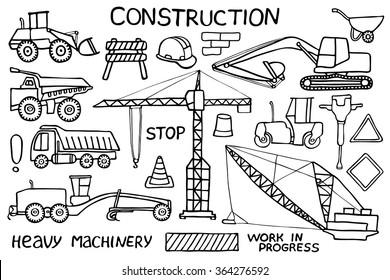 Construction and heavy machinery sketch. Hand-drawn cartoon industry icon set. Doodle drawing. Vector illustration. 