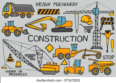 Construction and heavy machinery sketch. Hand-drawn cartoon industry icon set. Doodle drawing. Vector illustration. 