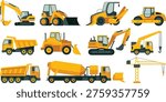 Construction heavy machinery vector illustration with excavators loaders dump trucks cranes rollers and engineering vehicles for building and industrial projects