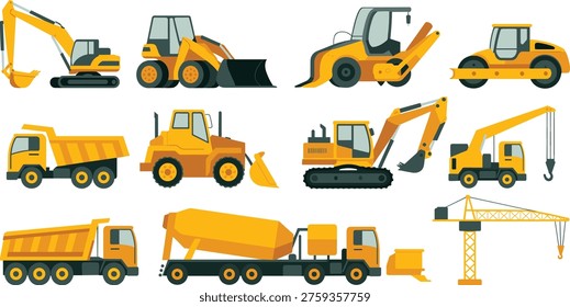 Construction heavy machinery vector illustration with excavators loaders dump trucks cranes rollers and engineering vehicles for building and industrial projects
