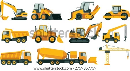 Construction heavy machinery vector illustration with excavators loaders dump trucks cranes rollers and engineering vehicles for building and industrial projects