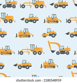 Construction Heavy Machinery.Seamless Pattern.Special Equipment For Construction Work.Excavator, Tractor, Bulldozers, Asphalt Road Roller, Road Grader.Commercial Vehicles.Flat Vector Illustration.Icon