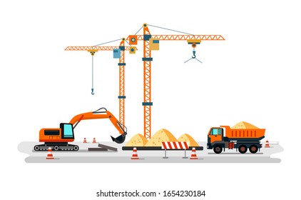Construction heavy machines on building site vector illustration. Tall crane, lifts, concrete slab flat style design. Loader and crawler. Isolated on white background