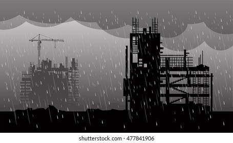 Construction, Heavy rain in dark sky,under construction site 