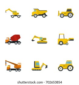 Construction heavy vehicle icon set. Flat set of 9 construction heavy vehicle vector icons for web isolated on white background