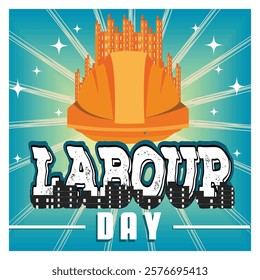 Construction helmet with a city backdrop, celebrating Labor Day's significance. Vibrant design highlighting progress, hard work, and the contributions of workers in building communities.