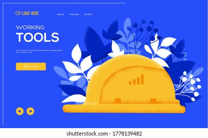 Construction helmet concept flyer, web banner, ui header, enter site. Thin line icon style concept design. Grain texture and noise effect. Place for text, place for copying.
