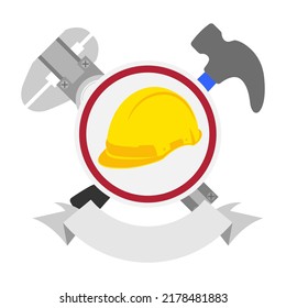 construction helmet and crossed hammer and calipers on a white background. Vector illustration on the theme of construction. Construction company logo.