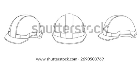 Construction helmet, different angles. Outline vector illustration isolated on white background