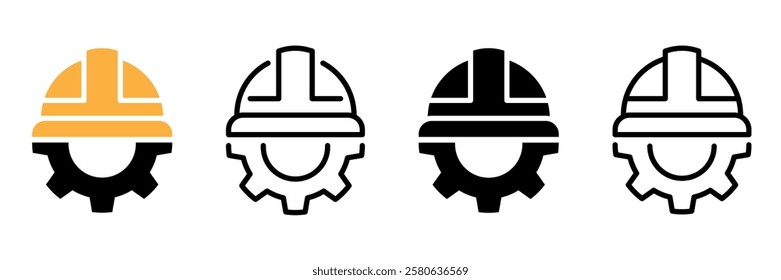 Construction helmet with gear icon set. Construction, labor and engineering symbols. Helmet and gear icons. Flat vector, isolated illustration. 