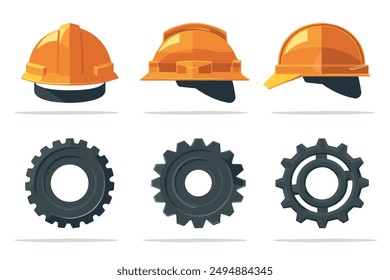 Construction helmet and the gears set. Construction, labor and engineering symbols. Helmet and gear flat illustration. vector EPS 10