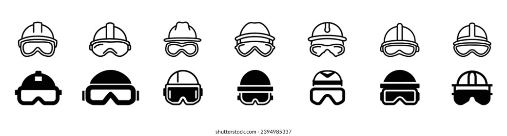 casco de construcción y icono de contorno de gafas, sombrero de aviador con icono de gafas, casco piloto con gafas, construcción de seguridad de gafas de casco, gafas de protección e icono de sombrero duro