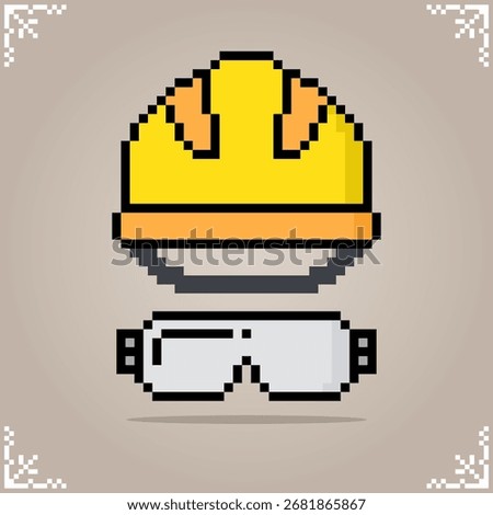 Construction helmet with goggles in 8 bit pixel art for game assets and cross stitch pattern in vector illustration.
