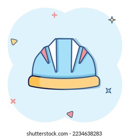 Construction helmet icon in comic style. Safety cap cartoon vector illustration on isolated background. Worker hat splash effect sign business concept.
