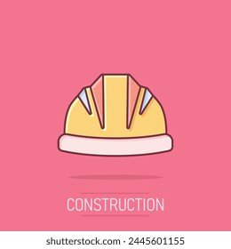 Construction helmet icon in comic style. Safety cap cartoon vector illustration on isolated background. Worker hat splash effect sign business concept.