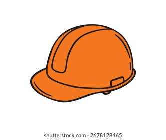 Icono de casco de construcción doodle dibujado a mano. Clipart de dibujo de línea naranja de dibujos animados colorido. Ilustración vectorial
