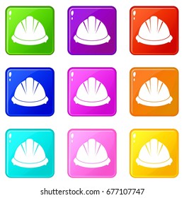 Construction helmet icons of 9 color set isolated vector illustration