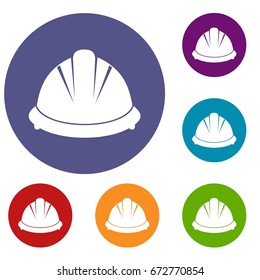 Construction helmet icons set in flat circle reb, blue and green color for web