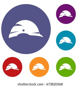 Construction helmet icons set in flat circle reb, blue and green color for web