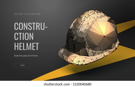 Construction helmet low poly landing page template. Labor protection and safety web banner. Hard hat polygonal illustration. Metal industry product, head protection item art homepage design layout