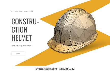 Construction helmet low poly landing page template. Labor protection and safety web banner. Hard hat polygonal illustration. Metal industry product, head protection item art homepage design layout