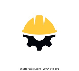 Construction helmet on the gear icon. Construction, labor and engineering symbol. Helmet construction gear vector design and illustration.
