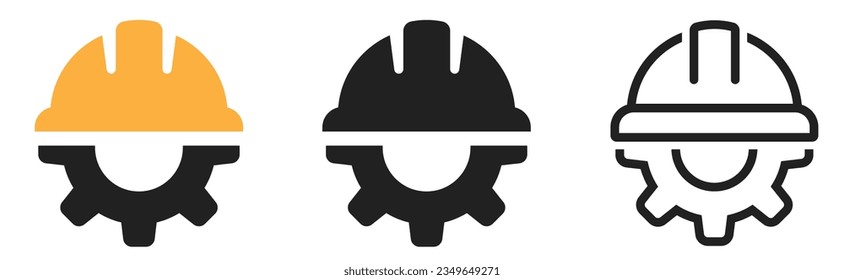 Construction helmet on the gear icons set. Construction, labor and engineering symbols. Helmet and gear flat or line icon - stock vector.
