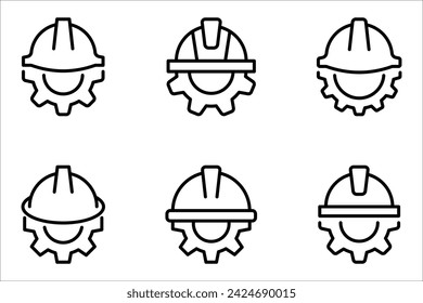 Bauhelm auf dem Getriebe-Icons-Set. Bau-, Arbeits- und Ingenieurssymbole. Vektorgrafik auf weißem Hintergrund