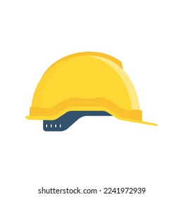 Construction helmet, profile view. Yellow safety hat. Plastic headwear. Vector illustration flat design. Isolated on white background.