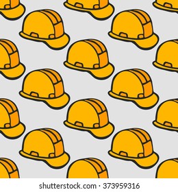 Construction helmet sketch. Seamless pattern with hand-drawn cartoon protection icon. Doodle drawing. Vector illustration - swatch inside
