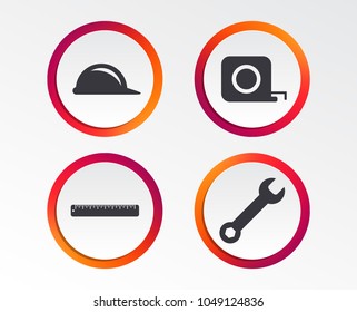 Construction helmet and wrench key tool icons. Ruler and tape measure roulette sign symbols. Infographic design buttons. Circle templates. Vector