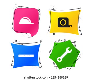 Construction helmet and wrench key tool icons. Ruler and tape measure roulette sign symbols. Geometric colorful tags. Banners with flat icons. Trendy design. Vector