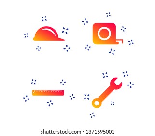 Construction helmet and wrench key tool icons. Ruler and tape measure roulette sign symbols. Random dynamic shapes. Gradient helmet icon. Vector