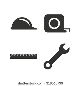 Construction helmet and wrench key tool icons. Ruler and tape measure roulette sign symbols. Flat icons on white. Vector