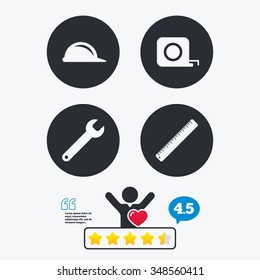 Construction helmet and wrench key tool icons. Ruler and tape measure roulette sign symbols. Star vote ranking. Client like and think bubble. Quotes with message.