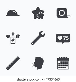Construction helmet and wrench key tool icons. Ruler and tape measure roulette sign symbols. Flat talking head, calendar icons. Stars, like counter icons. Vector