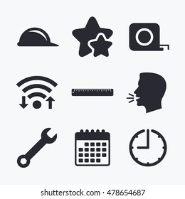 Construction helmet and wrench key tool icons. Ruler and tape measure roulette sign symbols. Wifi internet, favorite stars, calendar and clock. Talking head. Vector