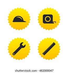 Construction helmet and wrench key tool icons. Ruler and tape measure roulette sign symbols. Yellow stars labels with flat icons. Vector