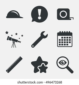Construction helmet and wrench key tool icons. Ruler and tape measure roulette sign symbols. Attention, investigate and stars icons. Telescope and calendar signs. Vector