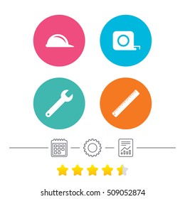 Construction helmet and wrench key tool icons. Ruler and tape measure roulette sign symbols. Calendar, cogwheel and report linear icons. Star vote ranking. Vector