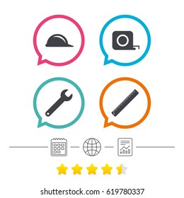 Construction helmet and wrench key tool icons. Ruler and tape measure roulette sign symbols. Calendar, internet globe and report linear icons. Star vote ranking. Vector