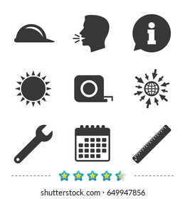 Construction helmet and wrench key tool icons. Ruler and tape measure roulette sign symbols. Information, go to web and calendar icons. Sun and loud speak symbol. Vector