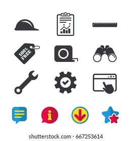 Construction helmet and wrench key tool icons. Ruler and tape measure roulette sign symbols. Browser window, Report and Service signs. Binoculars, Information and Download icons. Stars and Chat