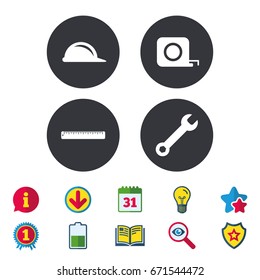 Construction helmet and wrench key tool icons. Ruler and tape measure roulette sign symbols. Calendar, Information and Download signs. Stars, Award and Book icons. Light bulb, Shield and Search